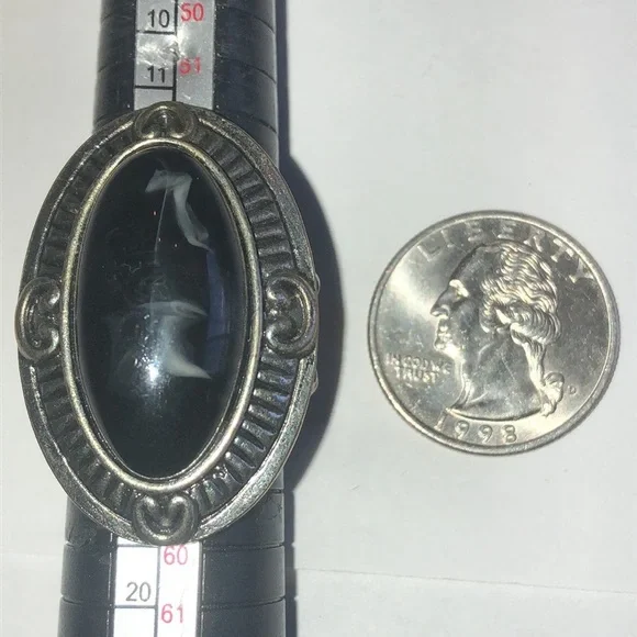 Silver Tone Oval Black Stone Boho Statement Ring - Picture 5 of 6